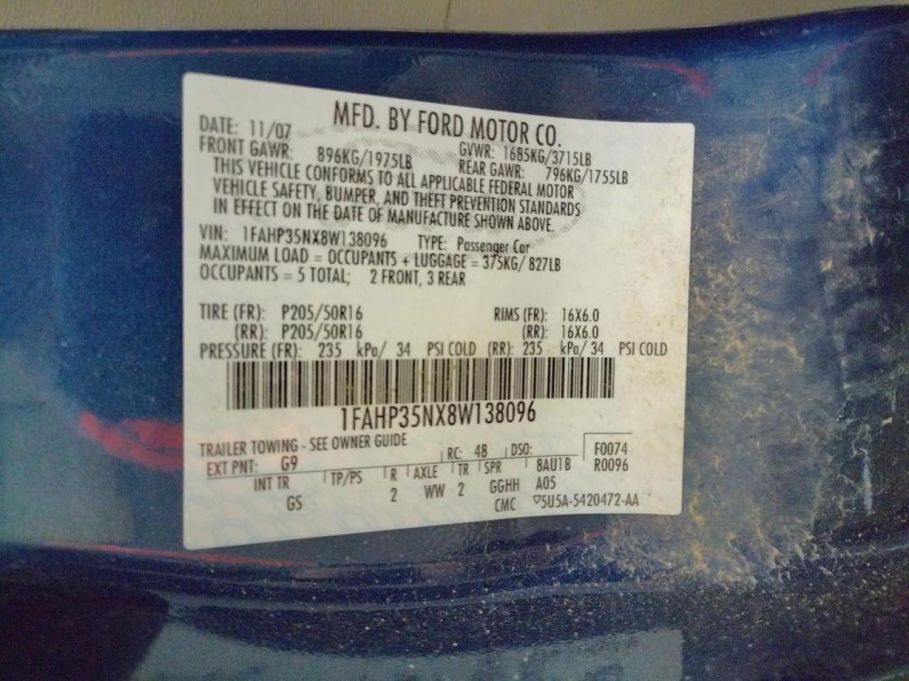 Photo 10 from auction – 2008 FORD FOCUS SE with VIN 1FAHP35NX8W138096