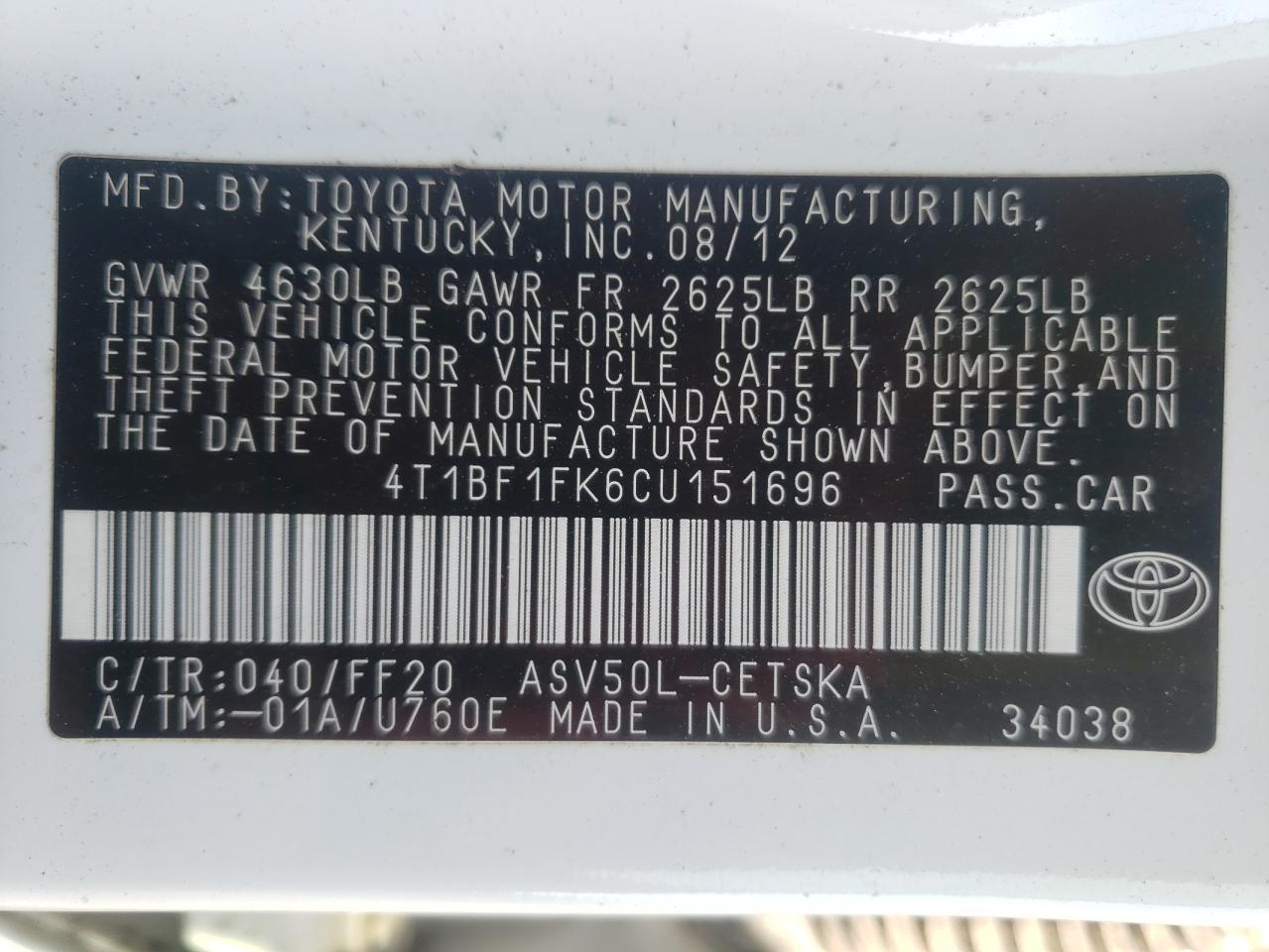 Photo 10 from auction – 2012 TOYOTA CAMRY BASE with VIN 4T1BF1FK6CU151696