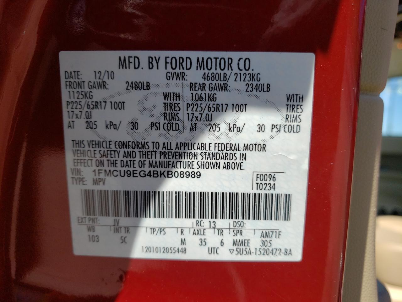 Photo 10 from auction – 2011 FORD ESCAPE LIM with VIN 1FMCU9EG4BKB08989
