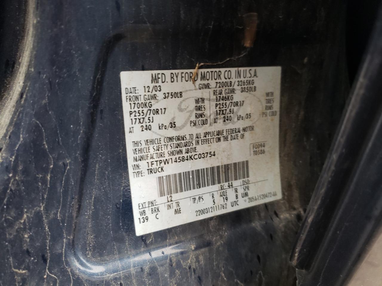 Photo 10 from auction – 2004 FORD F150 SUPER with VIN 1FTPW14584KC03754
