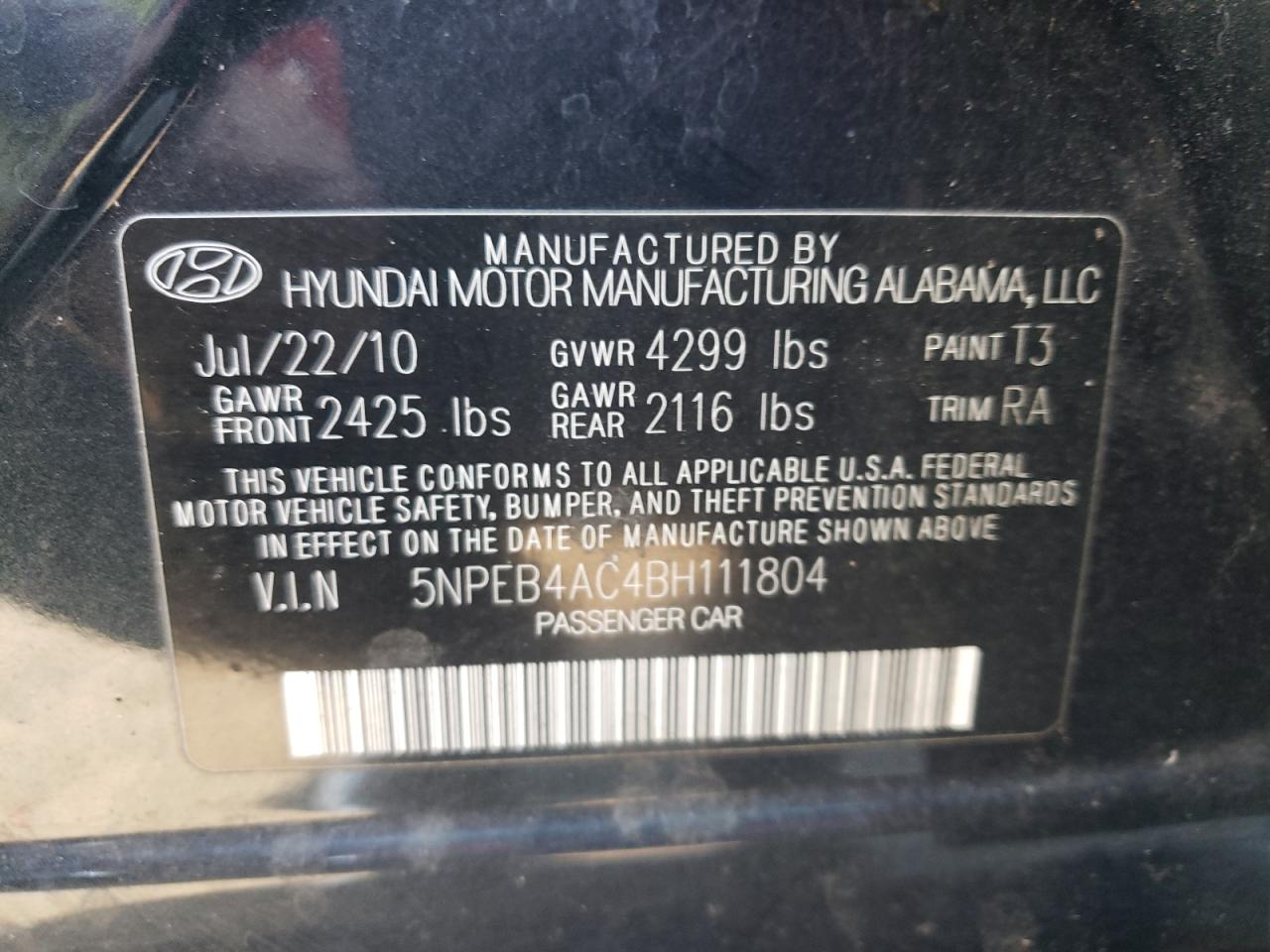 Photo 10 from auction – 2011 HYUNDAI SONATA GLS with VIN 5NPEB4AC4BH111804