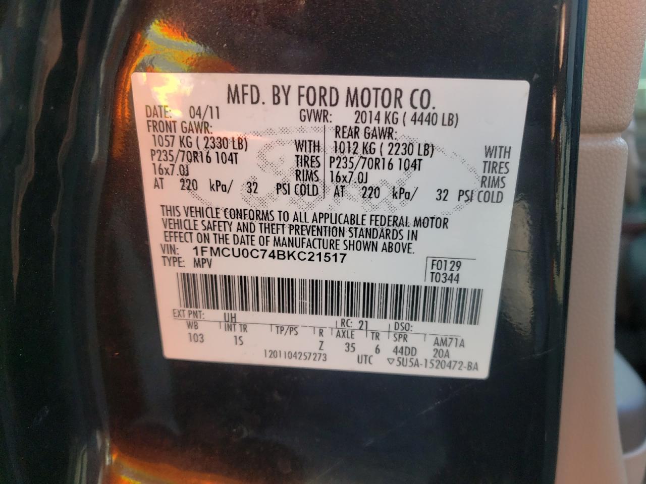 Photo 10 from auction – 2011 FORD ESCAPE XLS with VIN 1FMCU0C74BKC21517