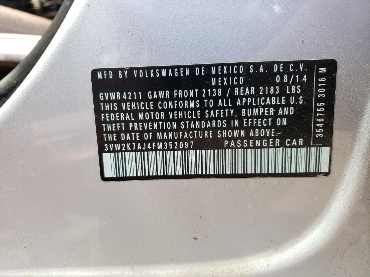 Photo 10 from auction – 2015 VOLKSWAGEN JETTA BASE with VIN 3VW2K7AJ4FM352097