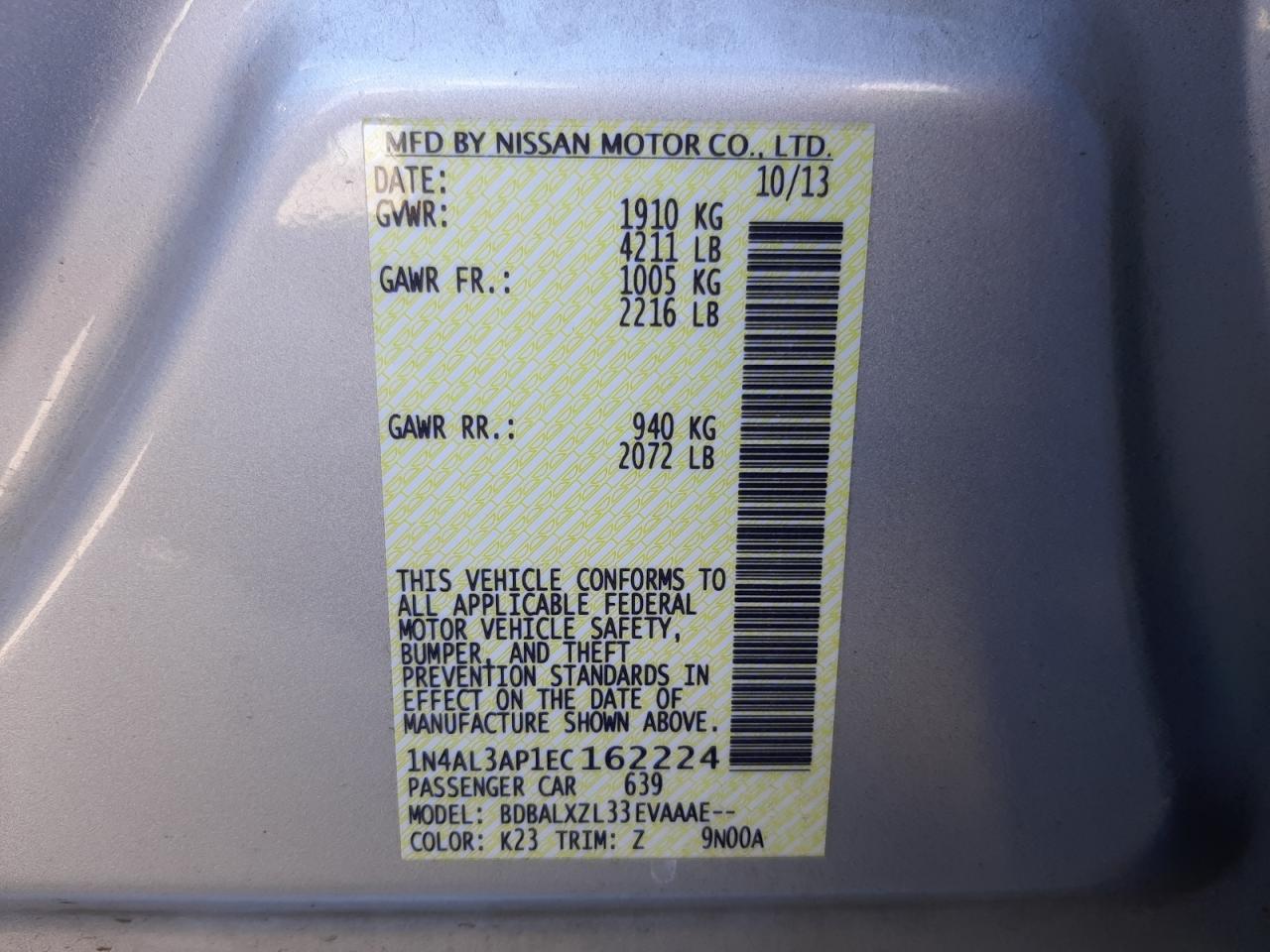 Photo 10 from auction – 2014 NISSAN ALTIMA 2.5 with VIN 1N4AL3AP1EC162224