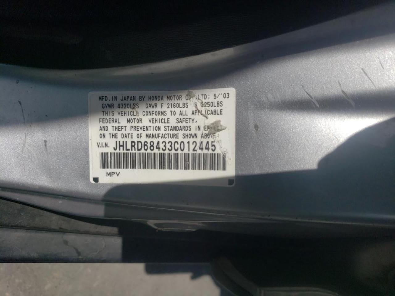 Photo 10 from auction – 2003 HONDA CR-V LX with VIN JHLRD68433C012445