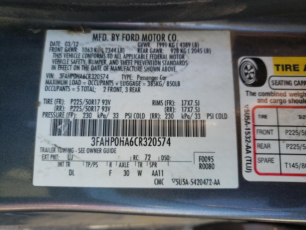Photo 10 from auction – 2012 FORD FUSION SE with VIN 3FAHP0HA6CR320574