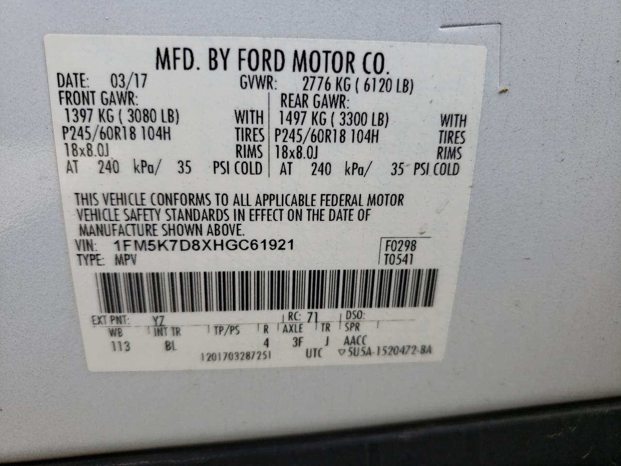 Photo 10 from auction – 2017 FORD EXPLORER X with VIN 1FM5K7D8XHGC61921