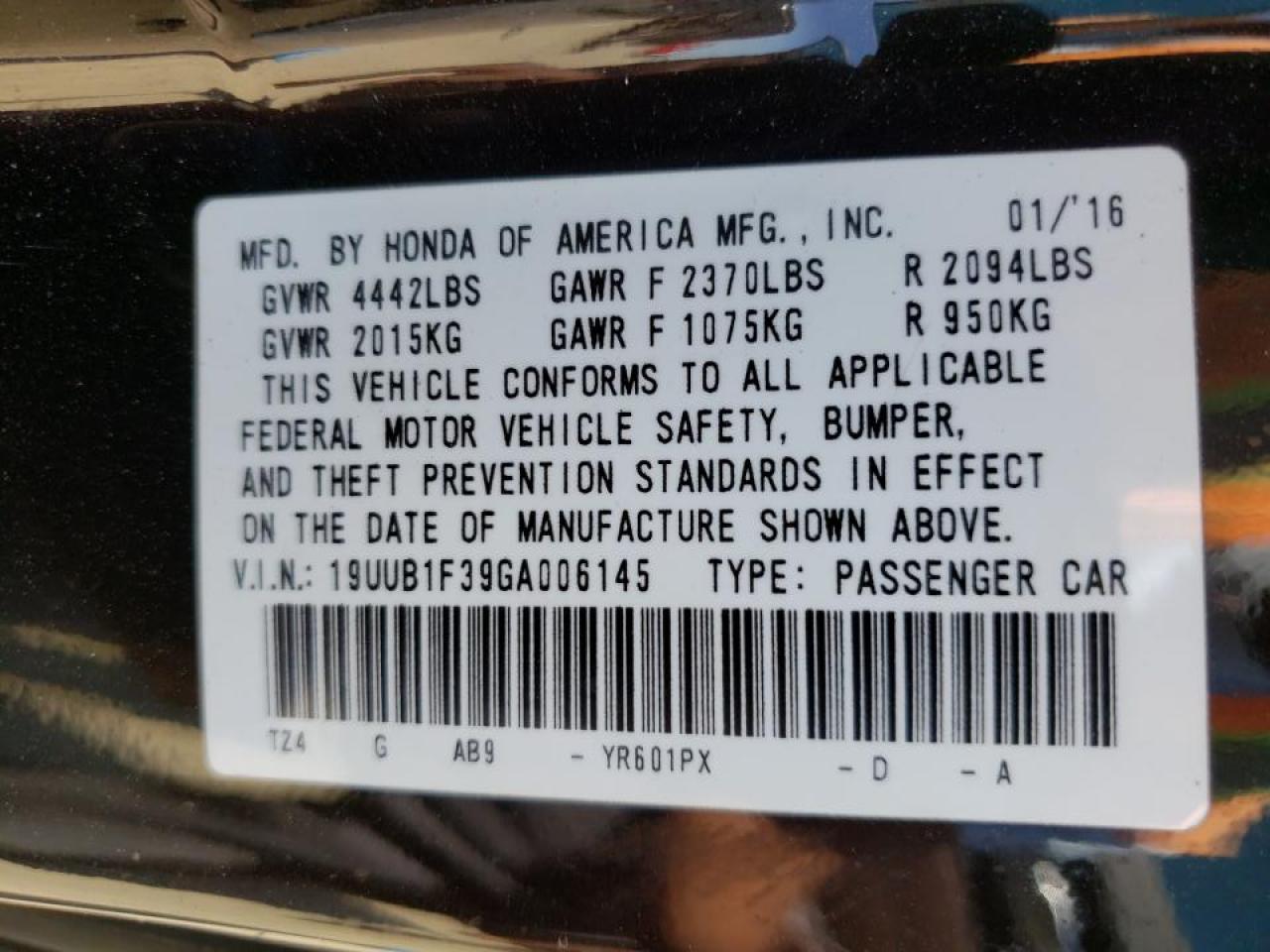 Photo 10 from auction – 2016 ACURA TLX with VIN 19UUB1F39GA006145