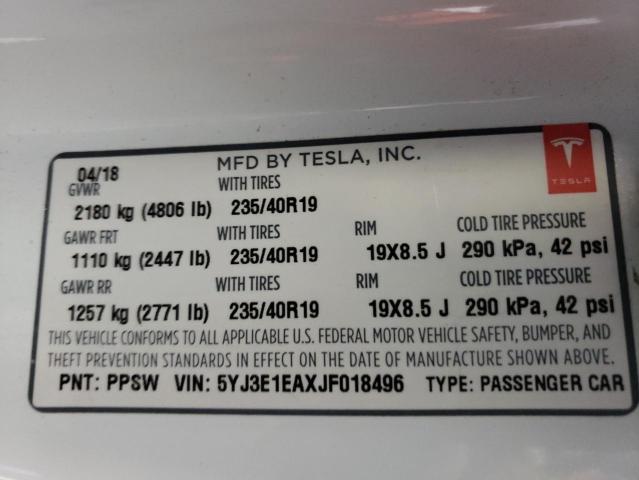Photo 10 from auction – 2018 TESLA MODEL 3 with VIN 5YJ3E1EAXJF018496