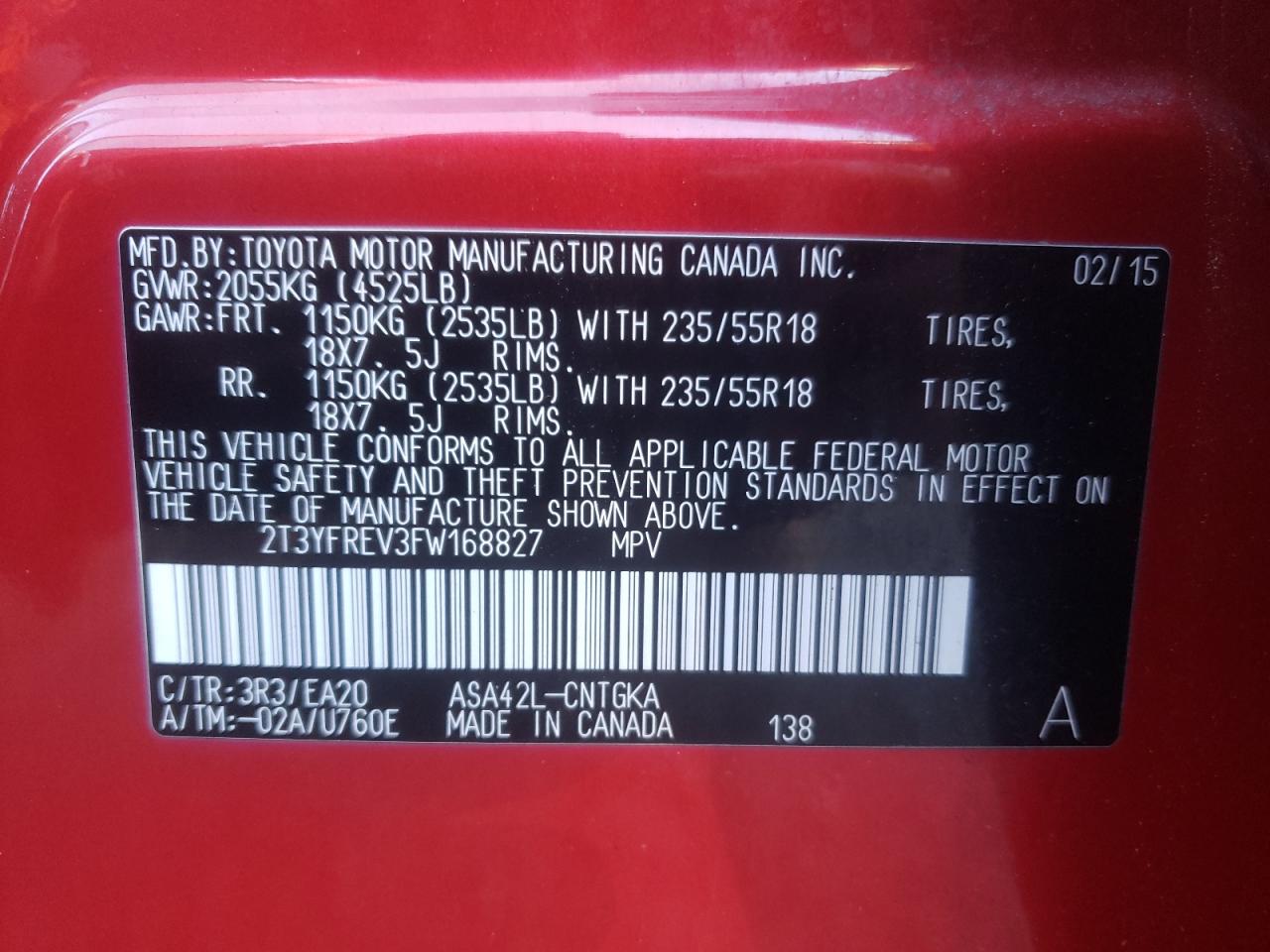 Photo 10 from auction – 2015 TOYOTA RAV4 LIMIT with VIN 2T3YFREV3FW168827