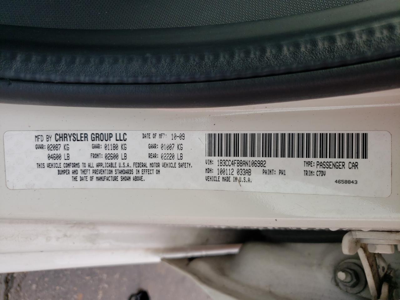 Photo 10 from auction – 2010 DODGE AVENGER SX with VIN 1B3CC4FB8AN106982