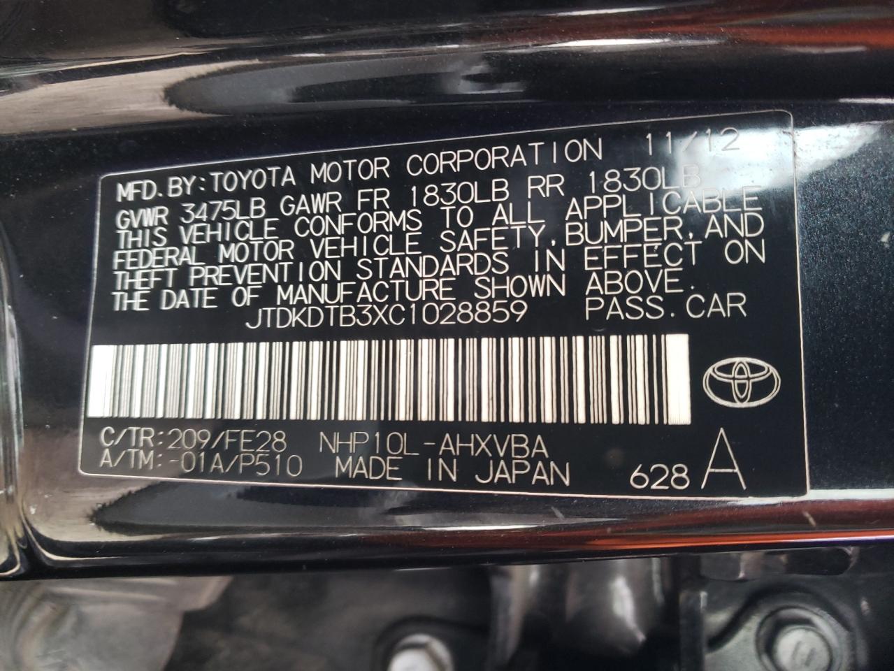 Photo 10 from auction – 2012 TOYOTA PRIUS C with VIN JTDKDTB3XC1028859