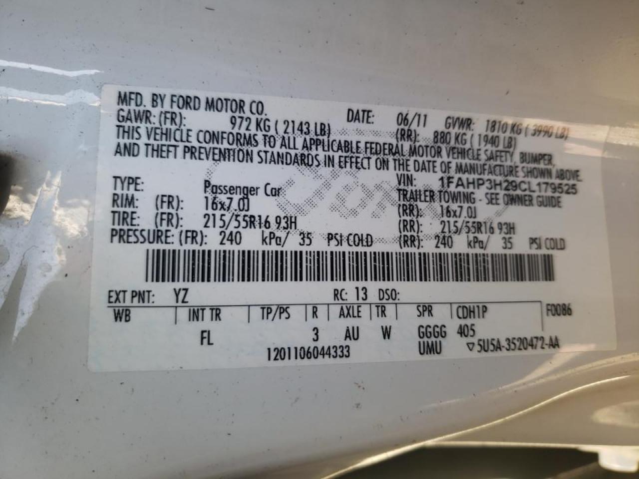 Photo 10 from auction – 2012 FORD FOCUS SEL with VIN 1FAHP3H29CL179525