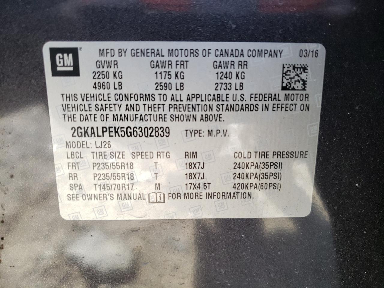 Photo 10 from auction – 2016 GMC TERRAIN SL with VIN 2GKALPEK5G6302839