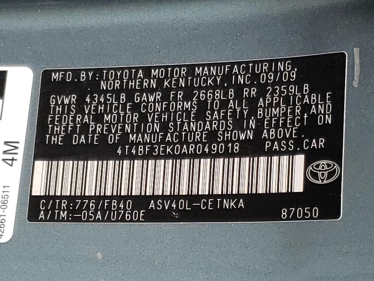 Photo 10 from auction – 2010 TOYOTA CAMRY BASE with VIN 4T4BF3EK0AR049018
