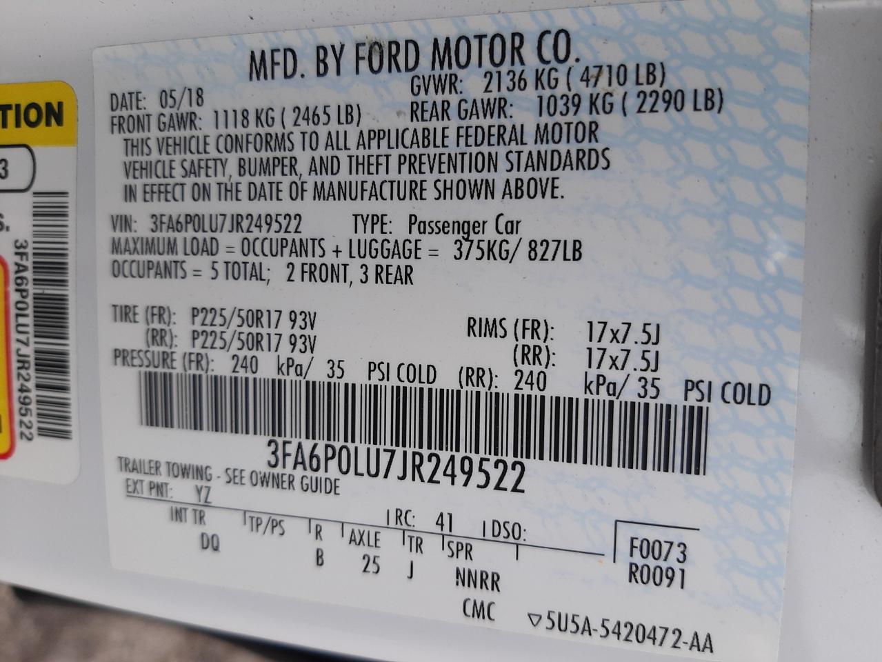 Photo 10 from auction – 2018 FORD FUSION SE with VIN 3FA6P0LU7JR249522