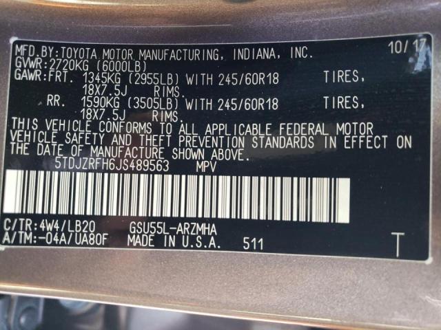 Photo 10 from auction – 2018 TOYOTA HIGHLANDER with VIN 5TDJZRFH6JS489563