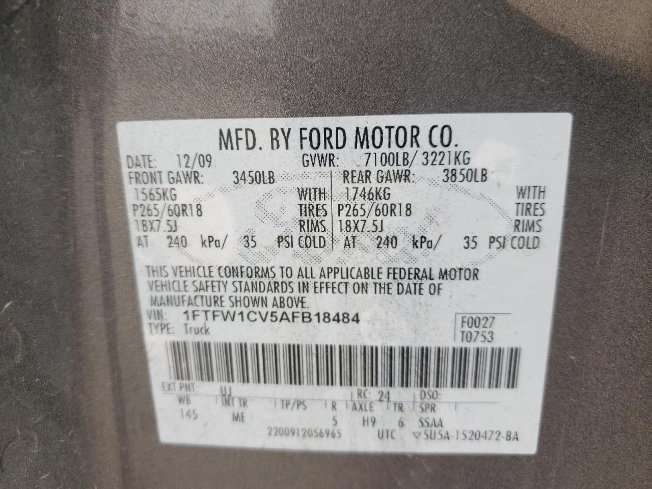 Photo 10 from auction – 2010 FORD F150 SUPER with VIN 1FTFW1CV5AFB18484