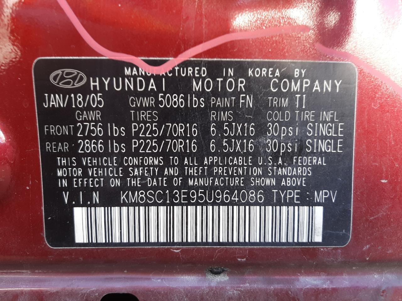 Photo 10 from auction – 2005 HYUNDAI SANTA FE G with VIN KM8SC13E95U964086
