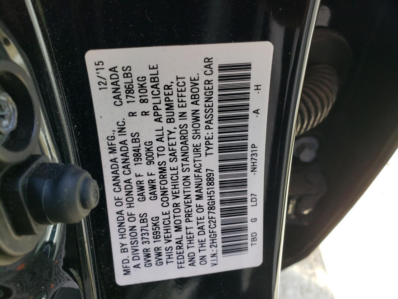 Photo 10 from auction – 2016 HONDA CIVIC EX with VIN 2HGFC2F78GH518897
