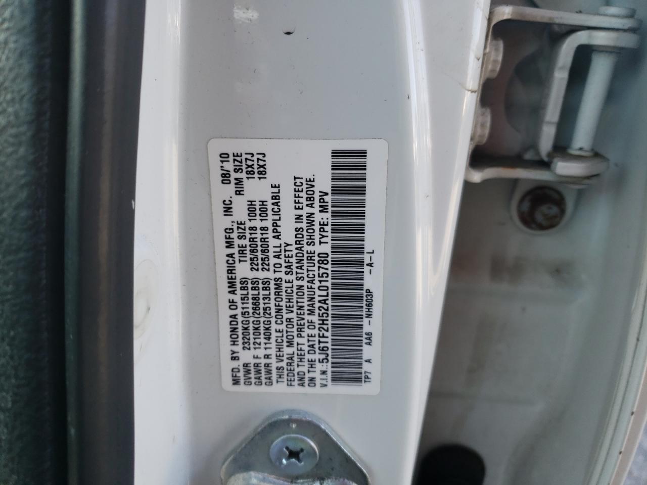 Photo 10 from auction – 2010 HONDA ACCORD with VIN 5J6TF2H52AL015780