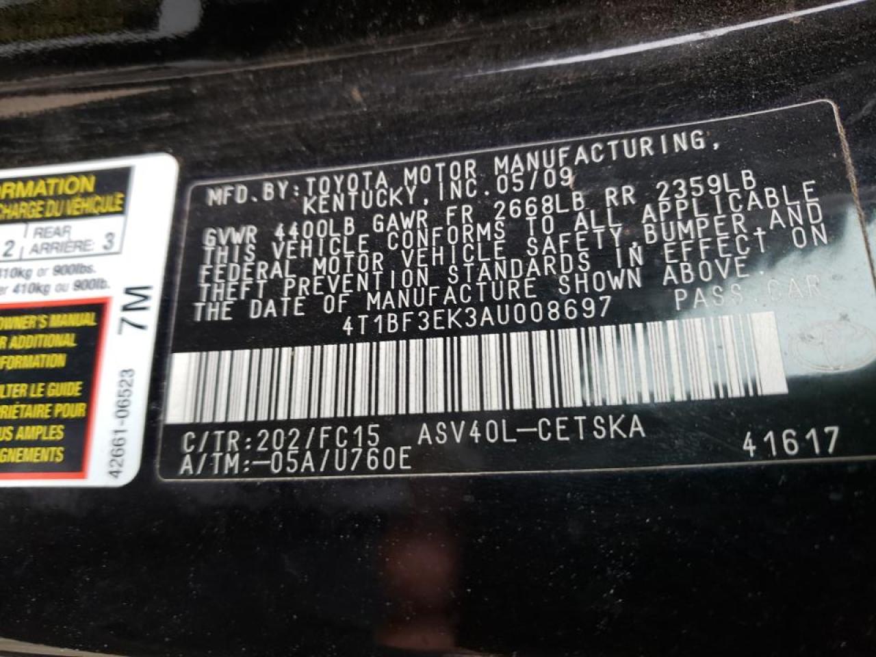 Photo 10 from auction – 2010 TOYOTA CAMRY with VIN 4T1BF3EK3AU008697