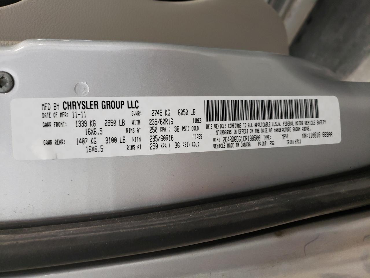 Photo 10 from auction – 2012 DODGE GRAND CARA with VIN 2C4RDGDG1CR198500