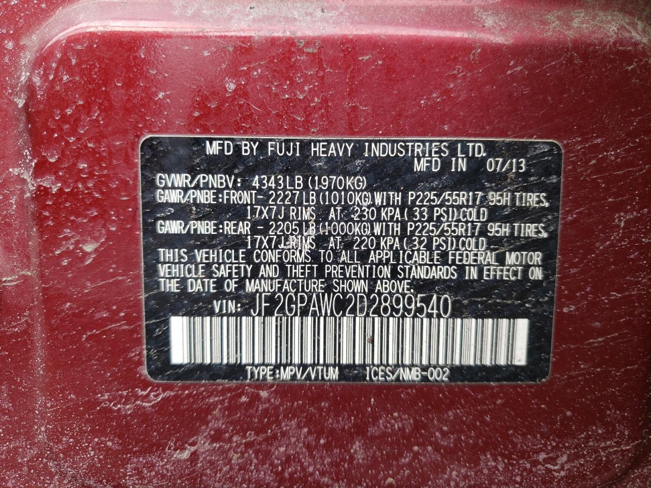 Photo 10 from auction – 2013 SUBARU XV CROSSTR with VIN JF2GPAWC2D2899540