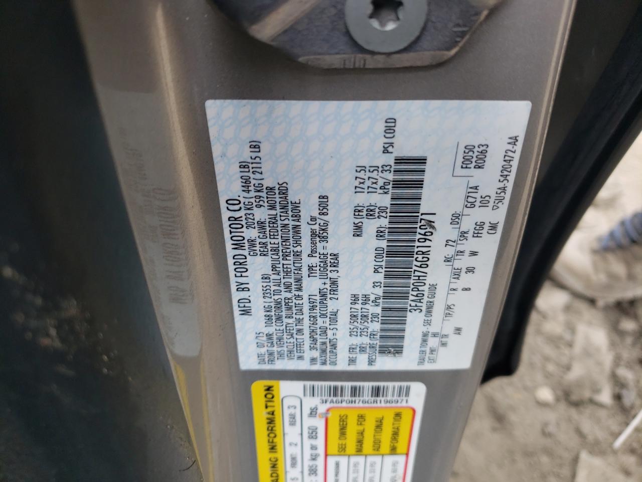 Photo 10 from auction – 2016 FORD FUSION SE with VIN 3FA6P0H76GR196971