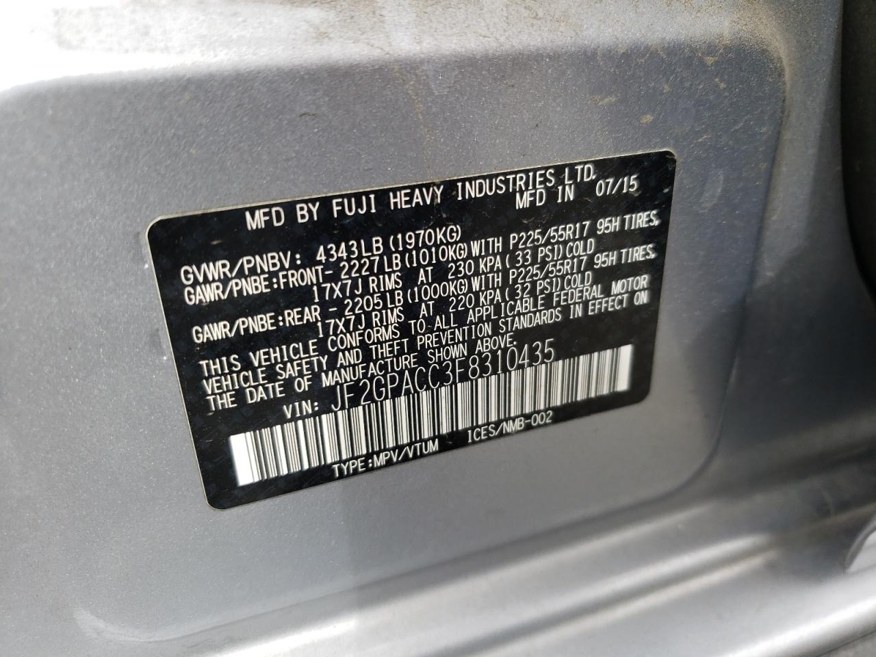 Photo 10 from auction – 2015 SUBARU XV CROSSTR with VIN JF2GPACC3F8310435