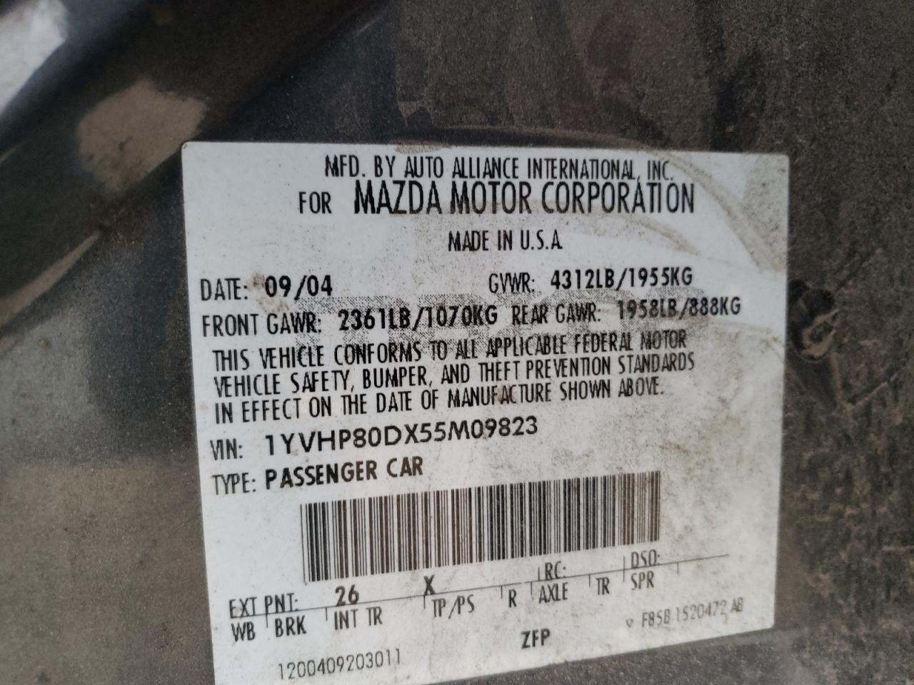 Photo 10 from auction – 2005 MAZDA 6 S with VIN 1YVHP80DX55M09823