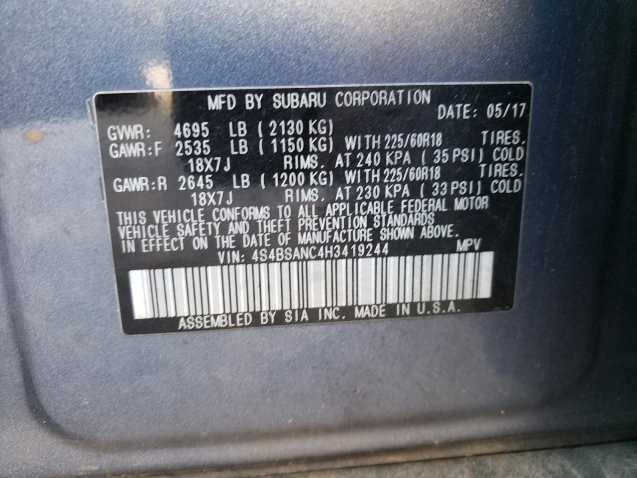 Photo 10 from auction – 2017 SUBARU OUTBACK 2. with VIN 4S4BSANC4H3419244