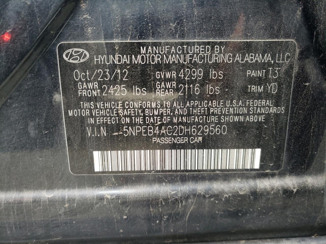 Photo 11 from auction – 2013 HYUNDAI SONATA GLS with VIN 5NPEB4AC2DH629560