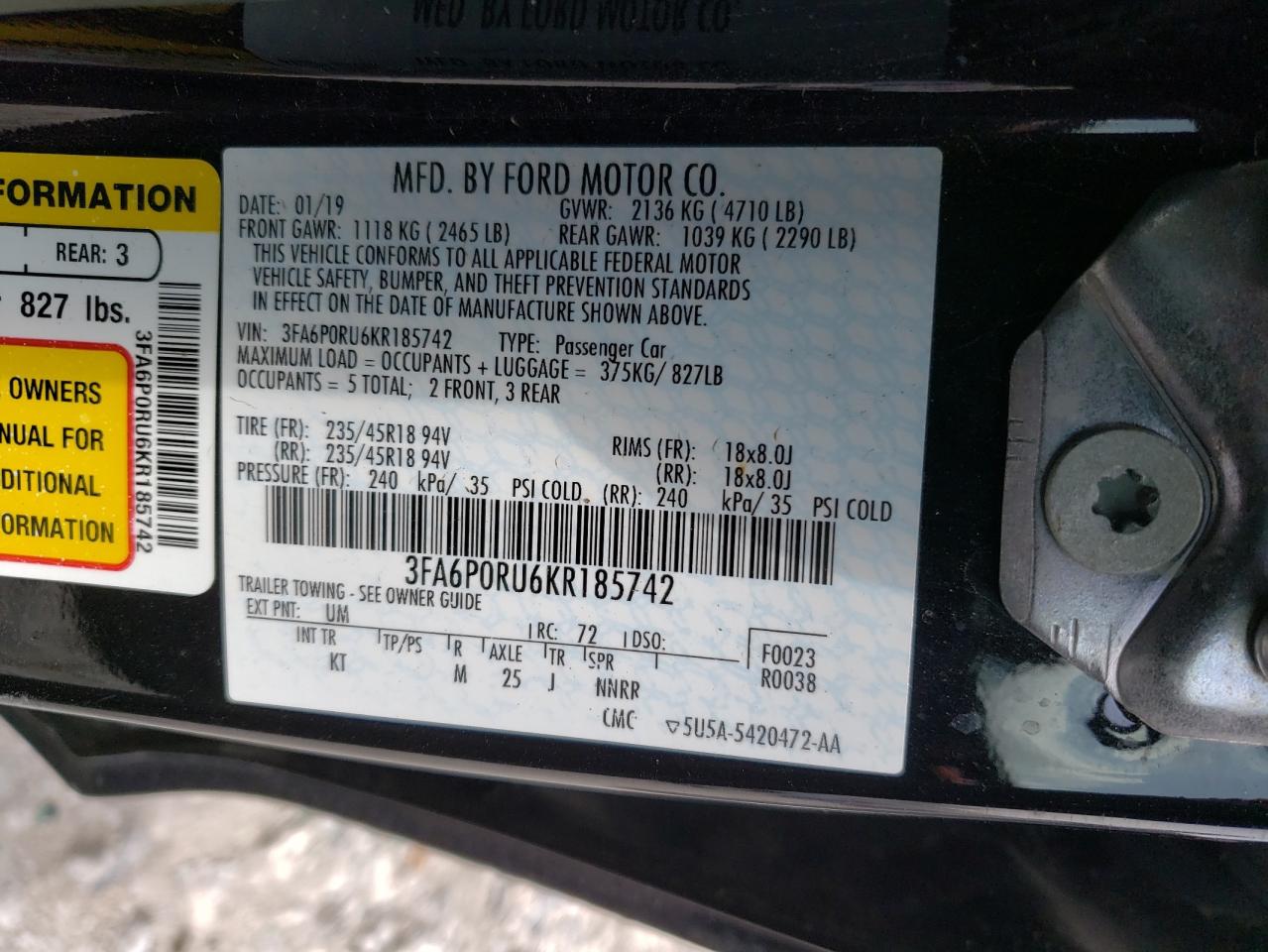 Photo 10 from auction – 2019 FORD FUSION TIT with VIN 3FA6P0RU6KR185742