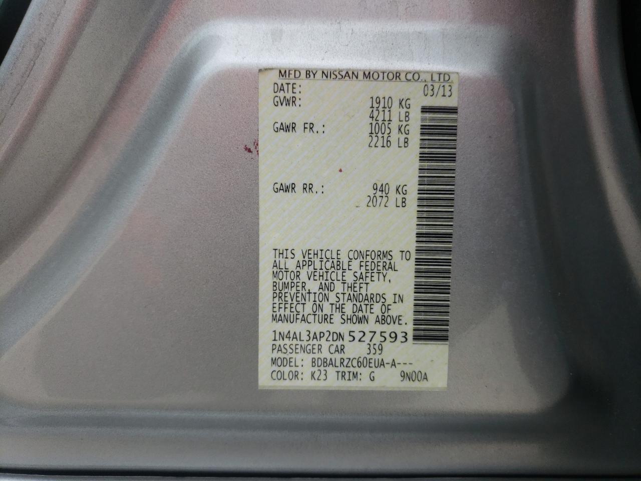 Photo 10 from auction – 2013 NISSAN ALTIMA 2.5 with VIN 1N4AL3AP2DN527593