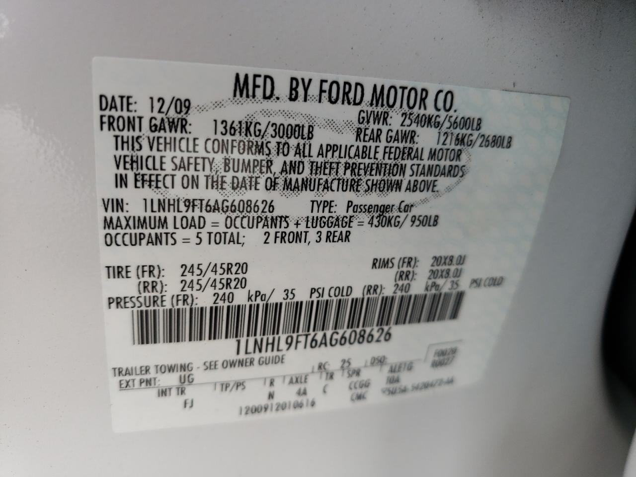 Photo 10 from auction – 2010 LINCOLN MKS with VIN 1LNHL9FT6AG608626