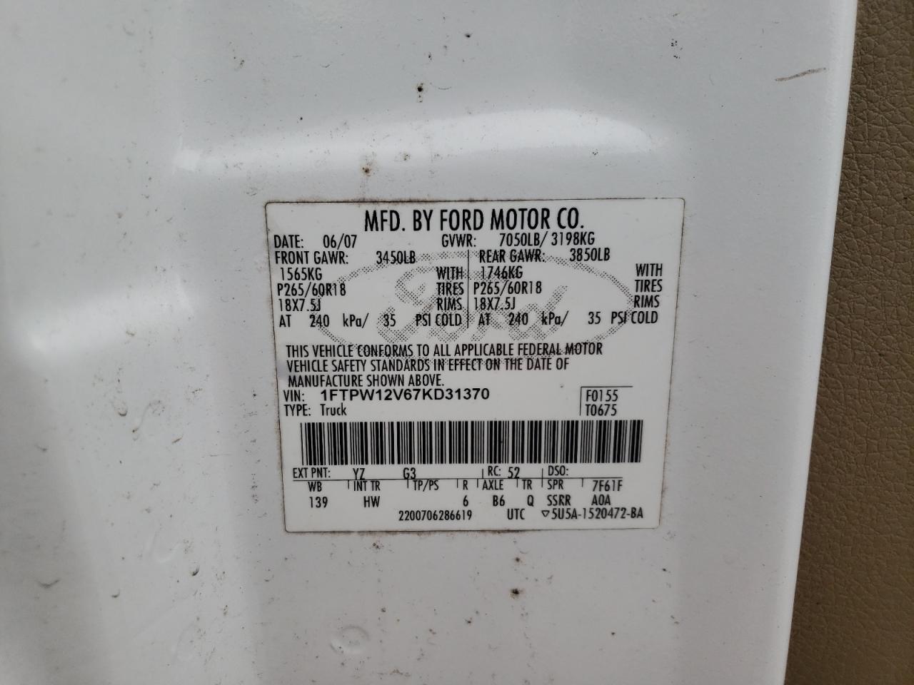 Photo 10 from auction – 2007 FORD F150 SUPER with VIN 1FTPW12V67KD31370