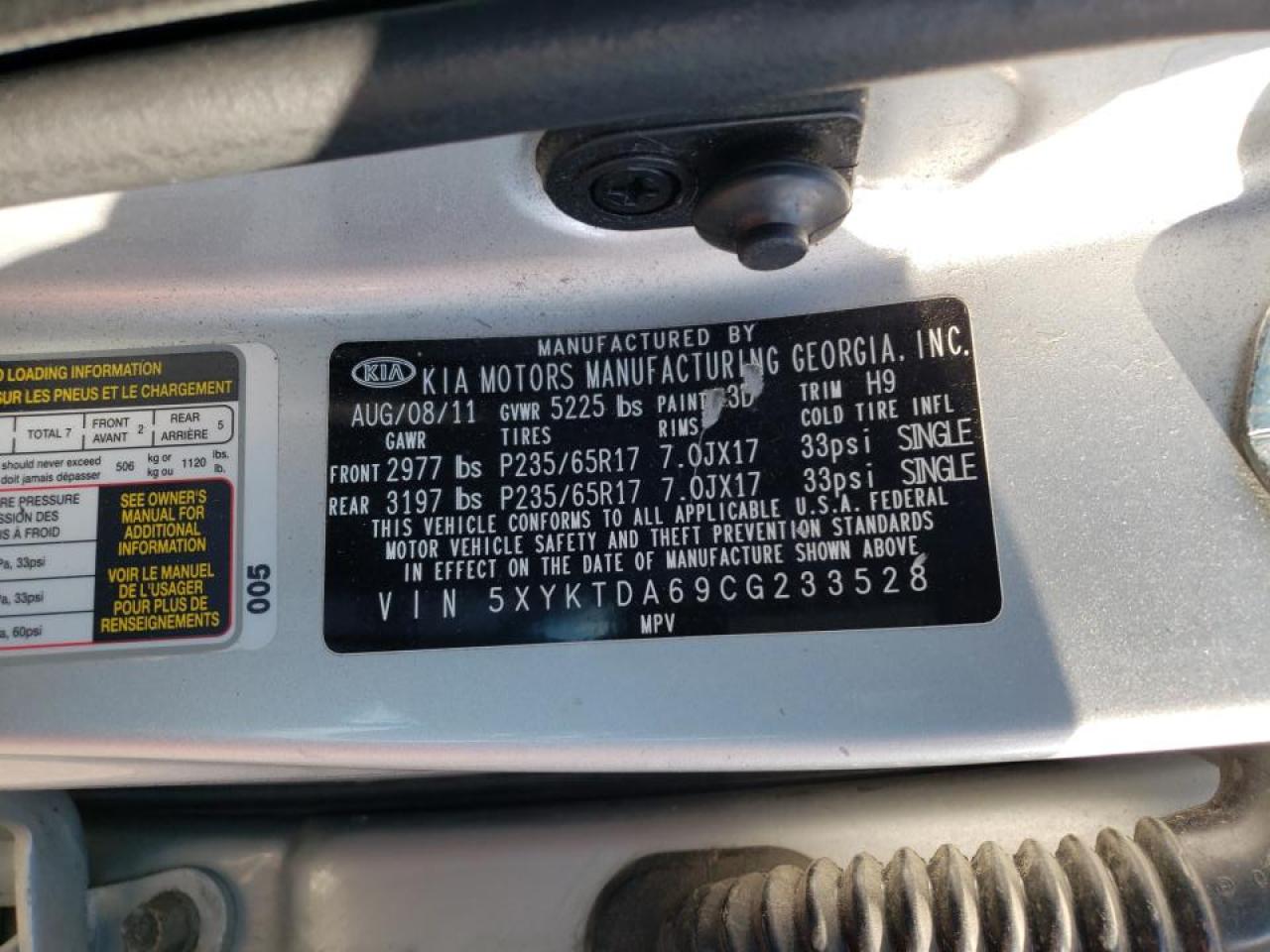 Photo 10 from auction – 2012 KIA SORENTO BA with VIN 5XYKTDA69CG233528