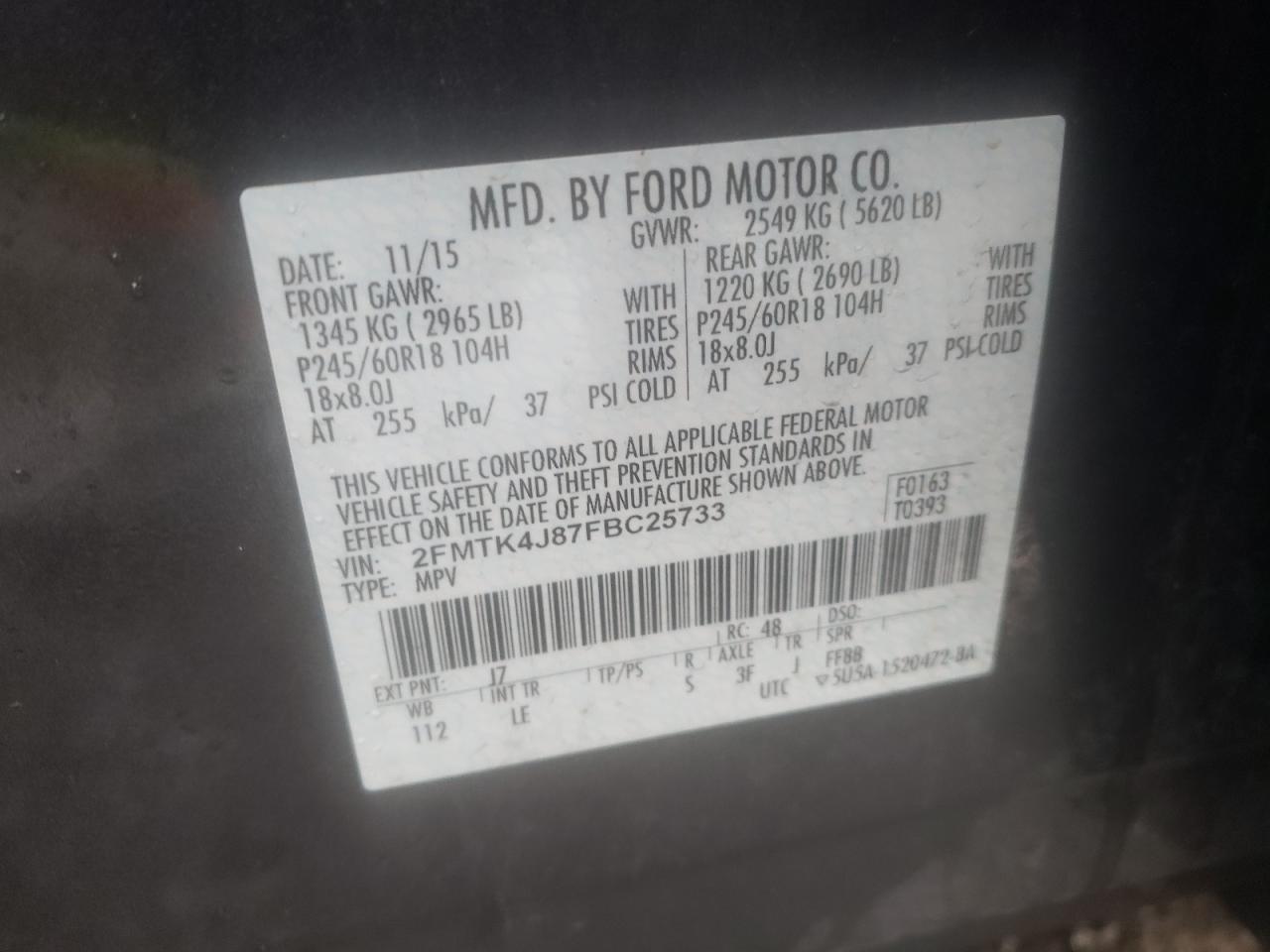 Photo 10 from auction – 2015 FORD EDGE SEL with VIN 2FMTK4J87FBC25733