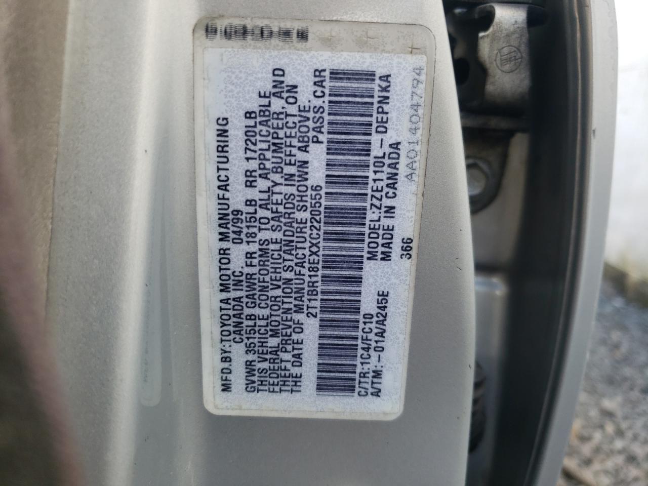 Photo 10 from auction – 1999 TOYOTA COROLLA VE with VIN 2T1BR18EXXC220556