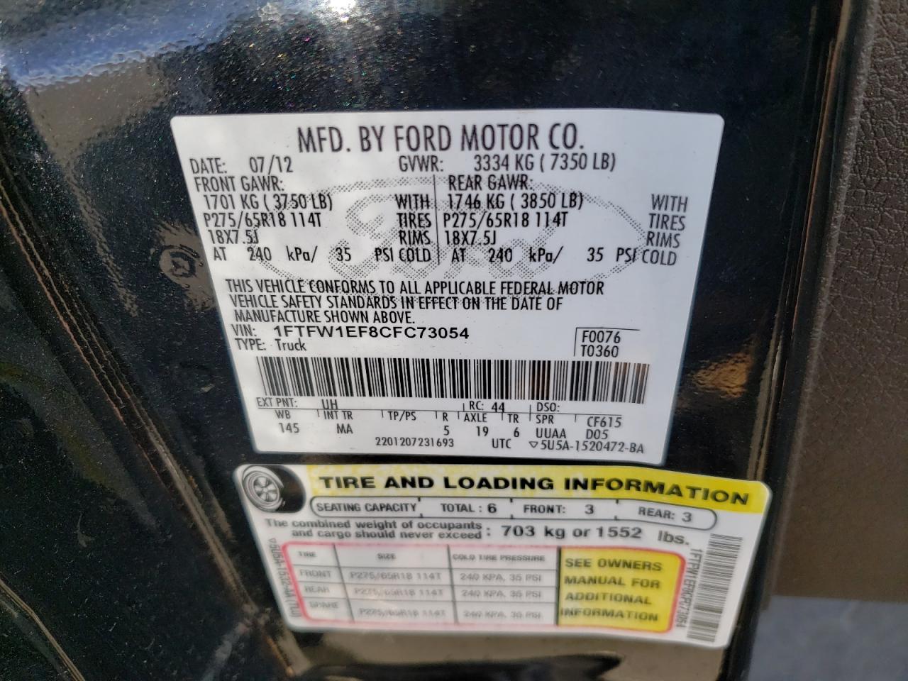 Photo 10 from auction – 2012 FORD F150 SUPER with VIN 1FTFW1EF8CFC73054