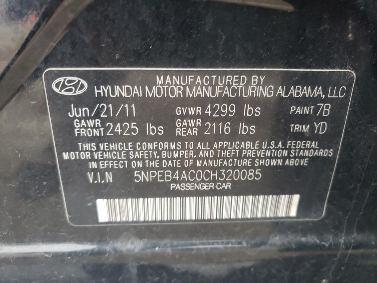 Photo 10 from auction – 2012 HYUNDAI SONATA GLS with VIN 5NPEB4AC0CH320085