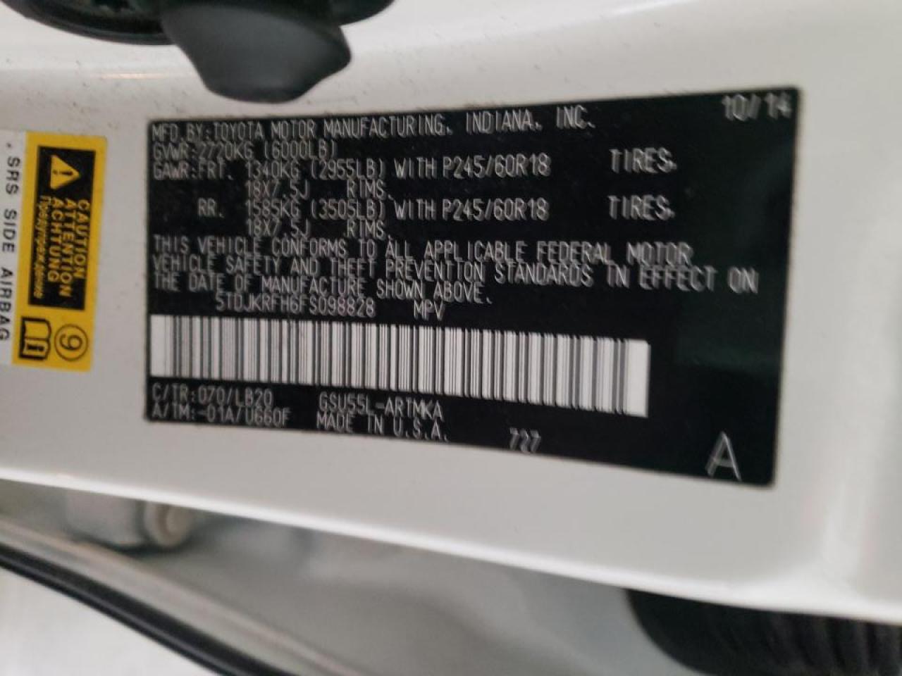 Photo 10 from auction – 2015 TOYOTA HIGHLANDER with VIN 5TDJKRFH6FS098828