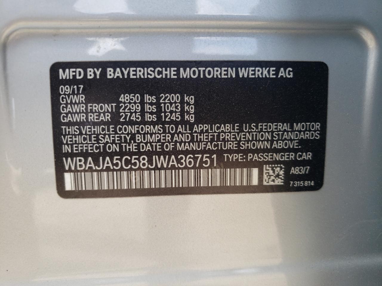 Photo 10 from auction – 2018 BMW 530 I with VIN WBAJA5C58JWA36751