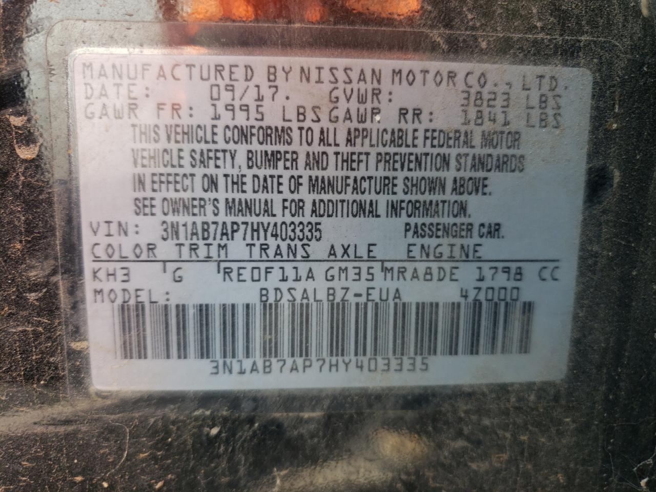 Photo 10 from auction – 2017 NISSAN SENTRA S with VIN 3N1AB7AP7HY403335