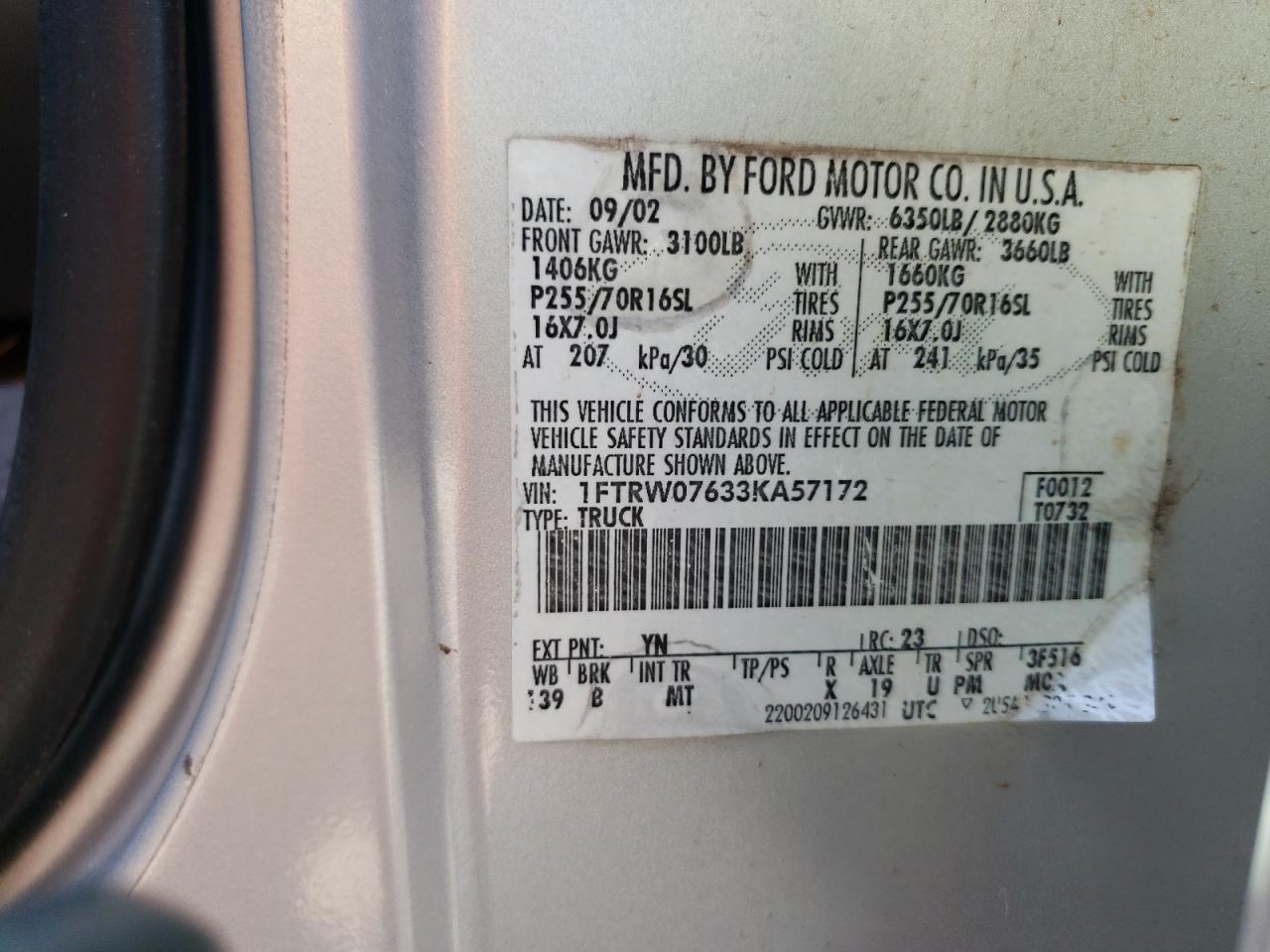 Photo 10 from auction – 2003 FORD F150 SUPER with VIN 1FTRW07633KA57172