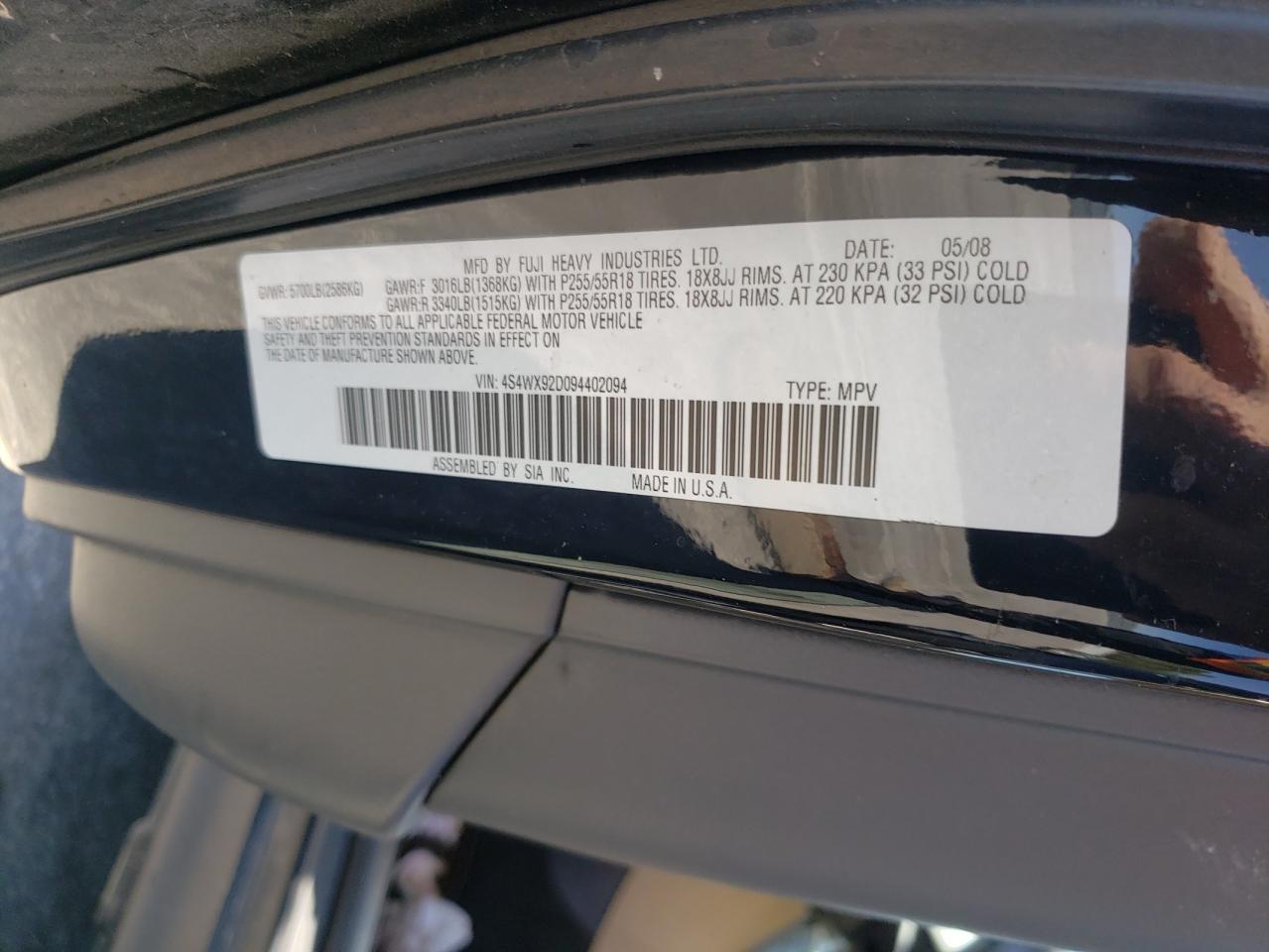 Photo 10 from auction – 2009 SUBARU TRIBECA LI with VIN 4S4WX92D094402094