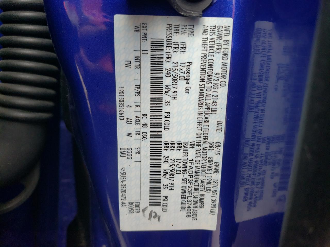 Photo 10 from auction – 2015 FORD FOCUS SE with VIN 1FADP3F23FL374008