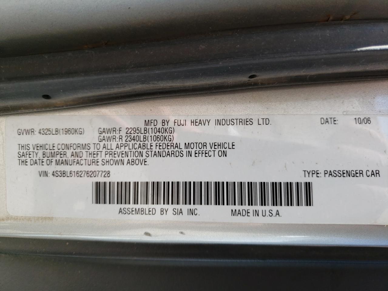 Photo 10 from auction – 2007 SUBARU LEGACY 2.5 with VIN 4S3BL616276207728
