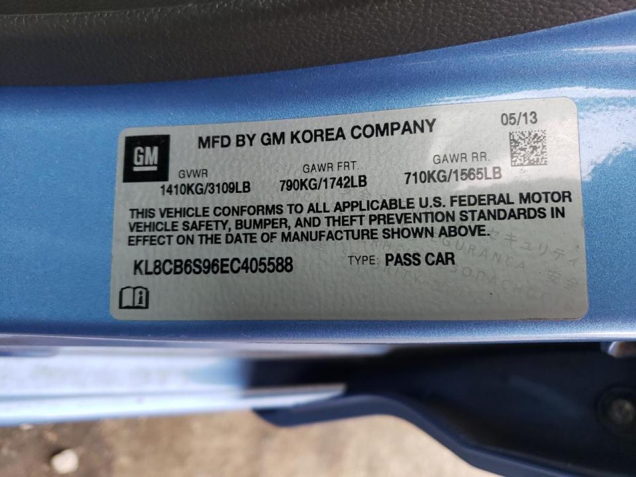 Photo 10 from auction – 2014 CHEVROLET SPARK LS with VIN KL8CB6S96EC405588